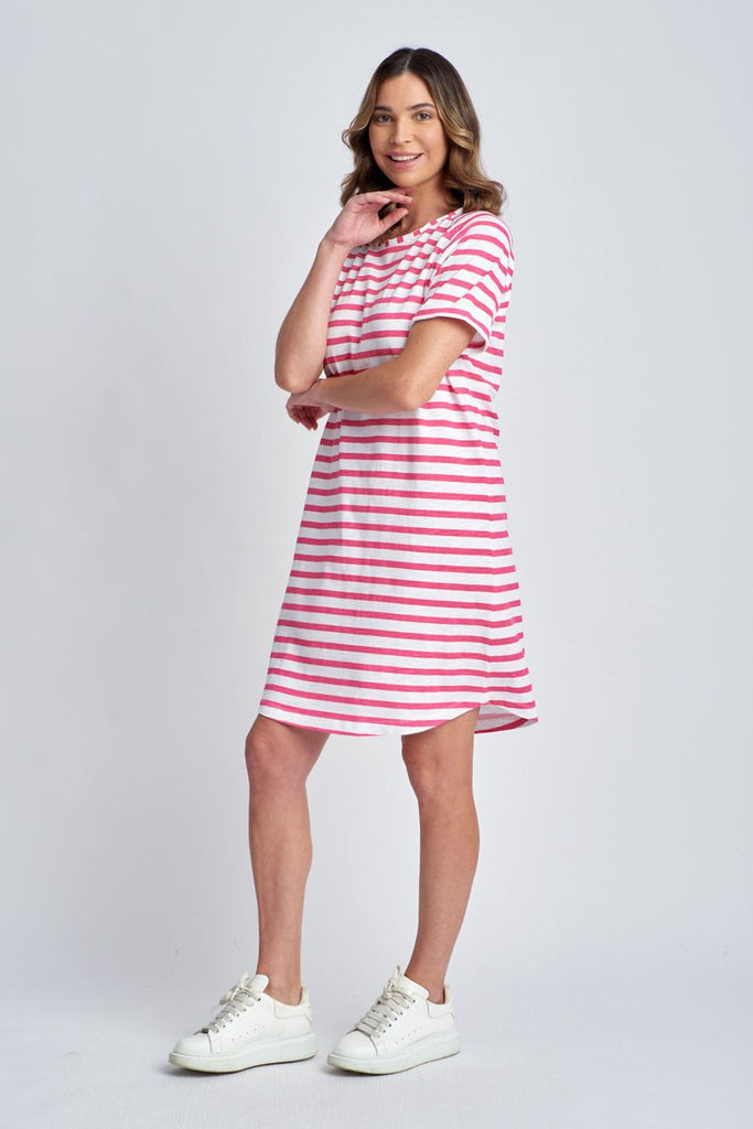 CLOTH PAPER SCISSORS WHITE/RASPBERRY STRIPED DRESS