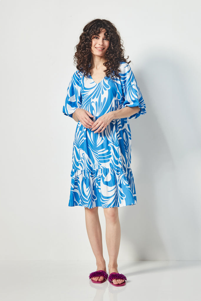 GLIDE BY VERGE...SASKIA BLUE PRINT DRESS