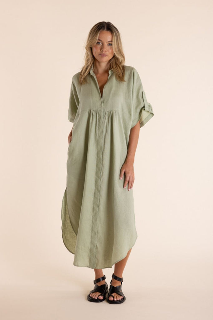 TWO T'S AVOCADO LINEN MIDI DRESS