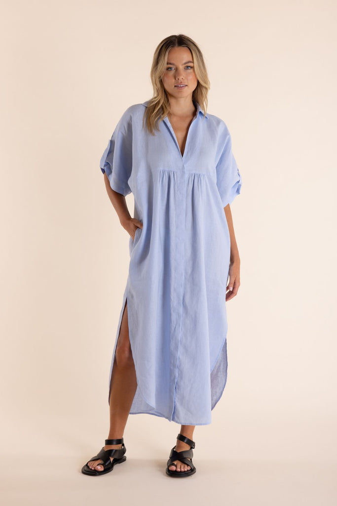 TWO T'S SKY BLUE LINEN MIDI DRESS